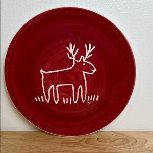 One| Trish Richman | At Home Int'l Red Reindeer Plate |Crate & Barrel